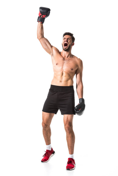 angry shirtless Boxer with raised hand Isolated On White - Foto, immagini