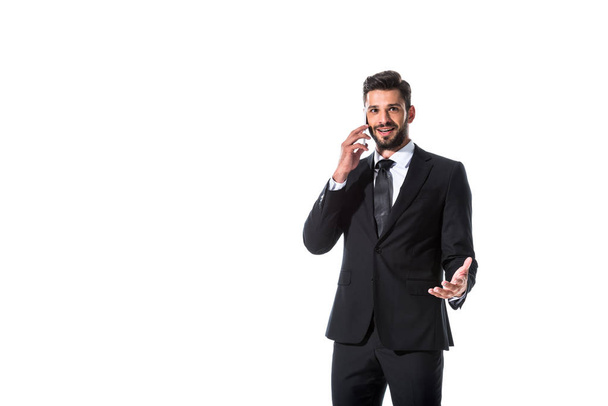 businessman talking on smartphone Isolated On White with copy space - Fotoğraf, Görsel