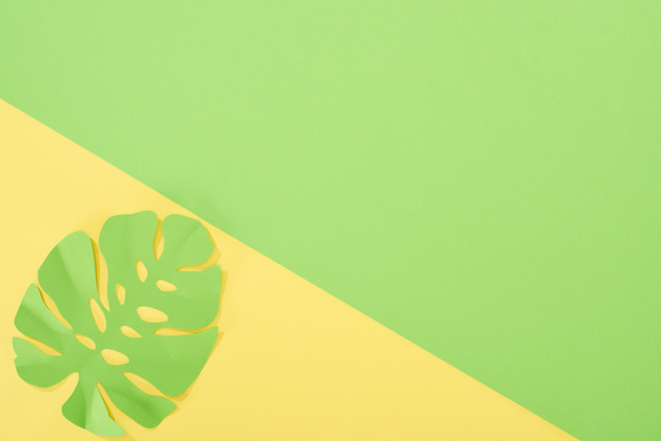 top view of paper cut green tropical leaf on yellow and green bright background with copy space - Фото, изображение