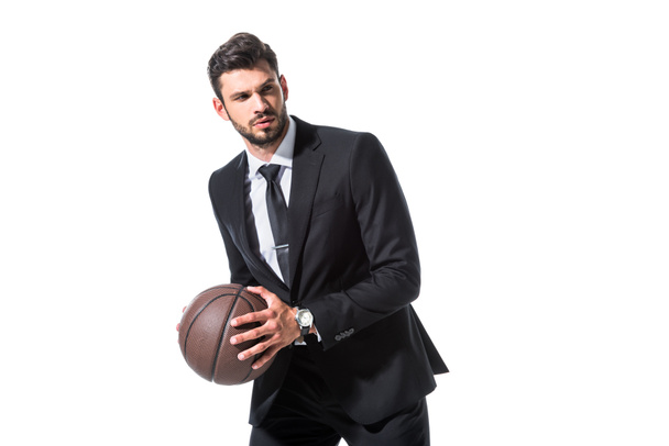 handsome businessman in formal wear with basketball Isolated On White - Foto, imagen
