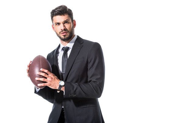 businessman in formal wear with rugby ball Isolated On White with copy space - Foto, imagen