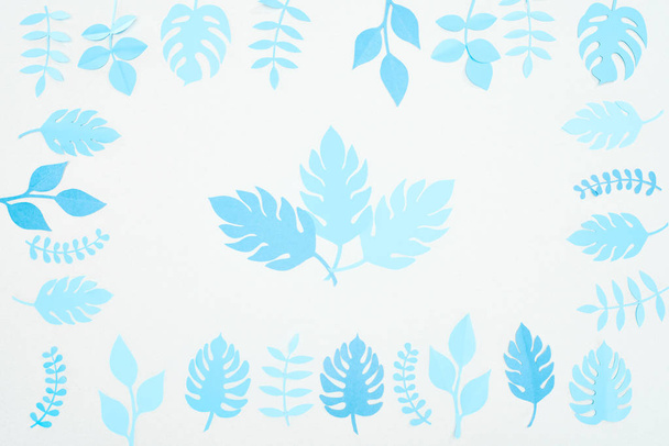 pohled na modrý papír, řezané listí izolované na bílém - Fotografie, Obrázek