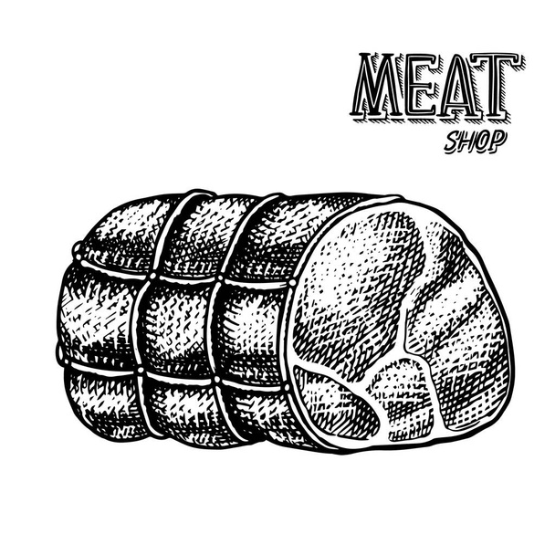 Grilled meat, Pork or beef meatloaf. Food in vintage style. Template for restaurant menu, emblems or badges. Hand drawn sketch. - Vector, Image