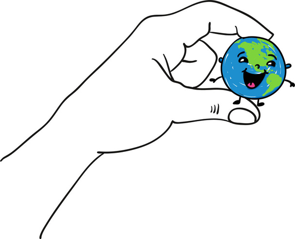 Happy smiling earth globe hold by a big hand for Happy Earth Day - hand drawn vector illustration - Vector, Image