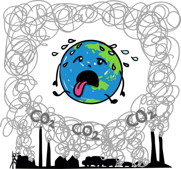 Earth globe suffering under global warming melting away in midst of carbon dioxide - hand drawn vector cartoon - Vector, Image