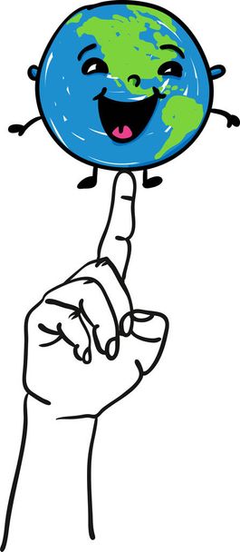 Happy souriant globe terrestre assis sur une main pointue pour Happy Earth Day illustration vectorielle dessinée à la main
 - Vecteur, image