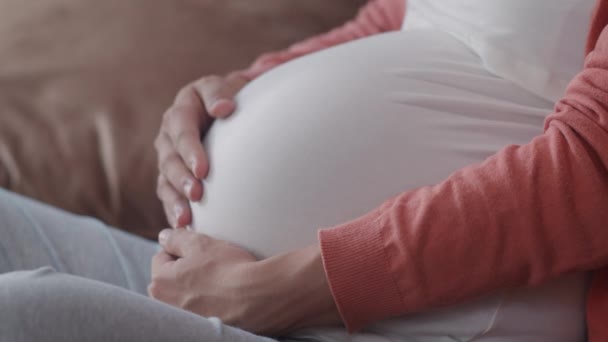 Young Asian Pregnant woman holding her belly talking with her child. Mom feeling happy smiling positive and peaceful while take care baby, pregnancy lying on sofa in living room at home concept. - Materiaali, video