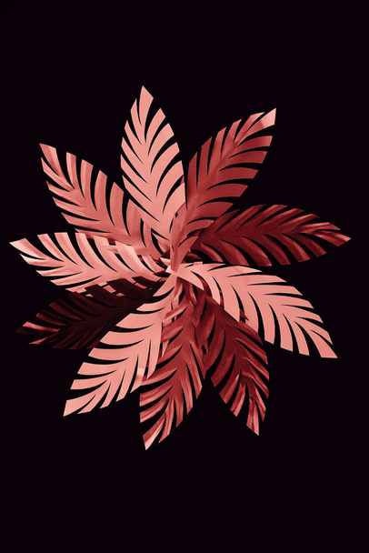 top view of paper cut coral leaves isolated on black, background pattern - Foto, Bild