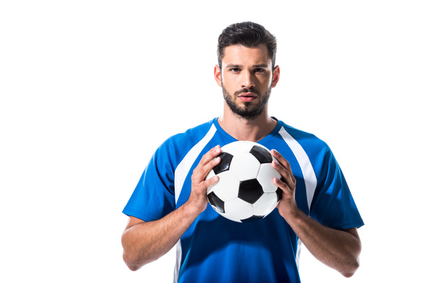 jogador de futebol bonito com bola olhando para a câmera Isolado em branco
 - Foto, Imagem