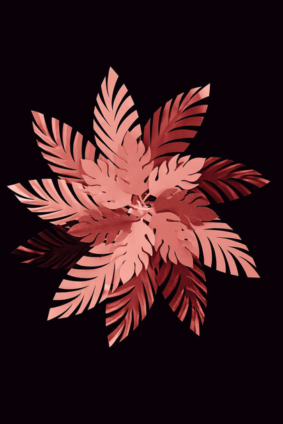 top view of paper cut coral leaves isolated on black, background pattern - 写真・画像