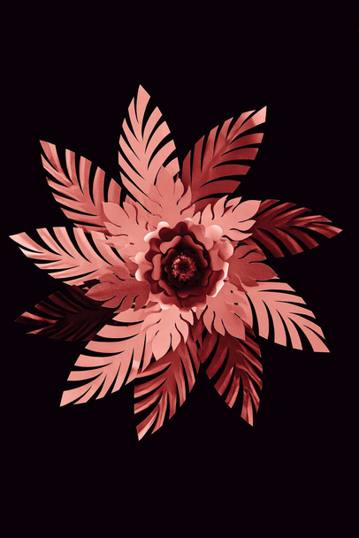 top view of paper cut coral leaves with flower isolated on black, background pattern - Φωτογραφία, εικόνα