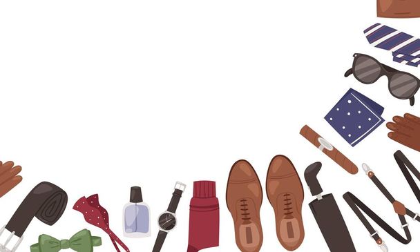 Mens accessory casual outfits banner vector illustration. Clothing essentials shoes, gloves, tie, bow and belt. Every day carry objects such as parfume and umbrella with glasses. - Vetor, Imagem