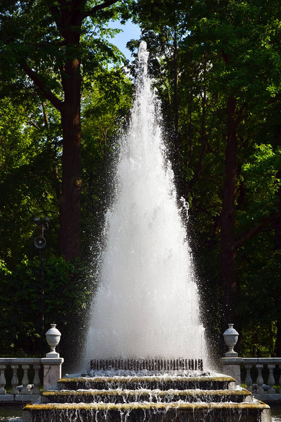 Wysoka fontanna w kształcie stożka, w formie choinki - Zdjęcie, obraz