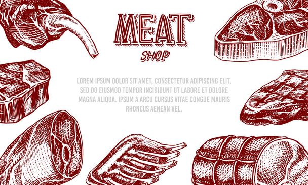 Gegrilde vlees poster, varkensvlees of rundvlees steak. Barbecue BBQ banner. Eten in vintage stijl. Achtergrond voor restaurant menu, emblemen of badges. Hand getekende schets. - Vector, afbeelding