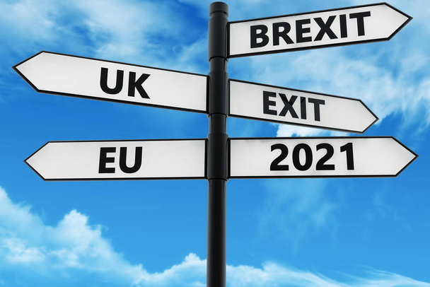 Crossroad Signpost a Brexit, az Egyesült Királyság, EU, és kilépési koncepció a kék égen - Fotó, kép