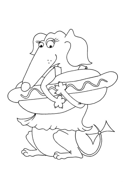 Funny hot dog carte de vœux avec un chien teckel dans une robe rouge comme une carte d'invitation lors de la Journée nationale Hot Dog une nourriture américaine. Coloriage
. - Photo, image