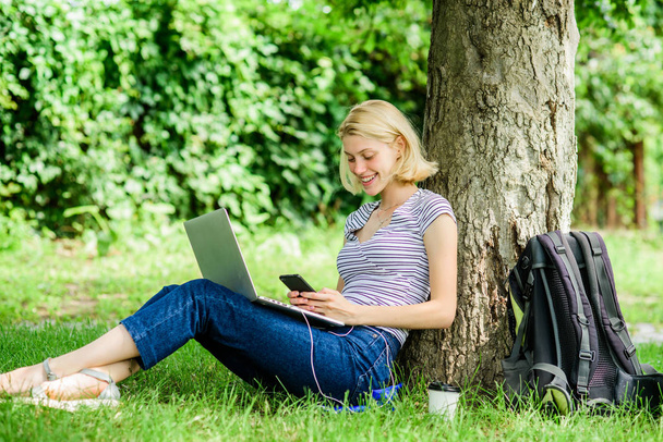girl with laptop. Blogger becoming inspired by nature. woman has business online. Web communication. writer with notebook. summer online. Blogger create content for social network. Just inspired - Fotó, kép