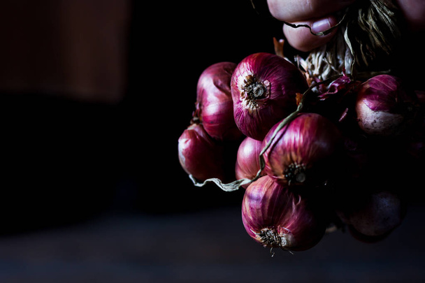 Πολλά κόκκινα κρεμμύδια στο χέρι και σκούρο φόντο - Φωτογραφία, εικόνα