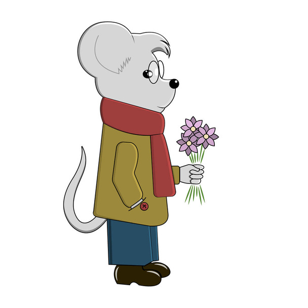 ilustración ratón de dibujos animados masculino parado sobre sus patas traseras en ropa, zapatos y con una bufanda sosteniendo flores y gafas en el puente de su nariz sobre un fondo blanco
 - Foto, Imagen
