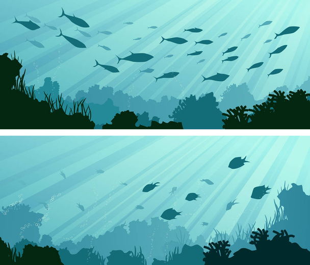 Horizontal banners of seabed with coral reefs, algae and school of fish. - Vector, Image