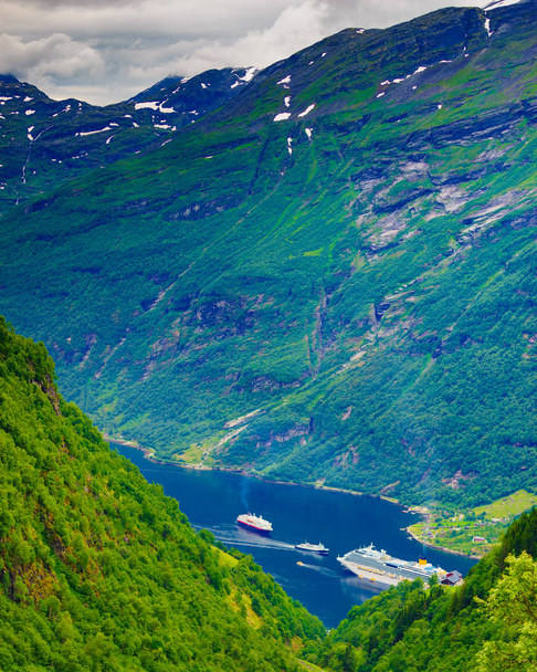 Fjord Geirangerfjord with ferry boat, Norway. - Foto, Imagem