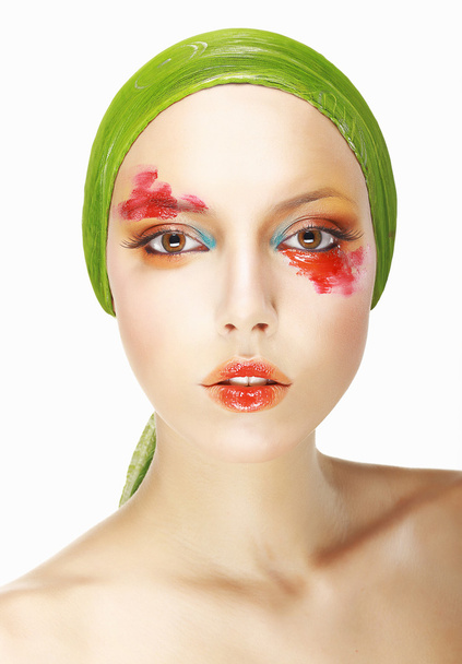Quaintness & Eccentricity. Styled Woman Face with Theatrical Makeup - 写真・画像