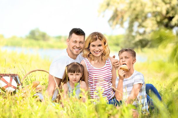 Szczęśliwa rodzina na letni piknik w parku - Zdjęcie, obraz