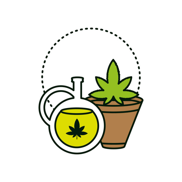 pianta di foglie di cannabis con vaso di olio
 - Vettoriali, immagini
