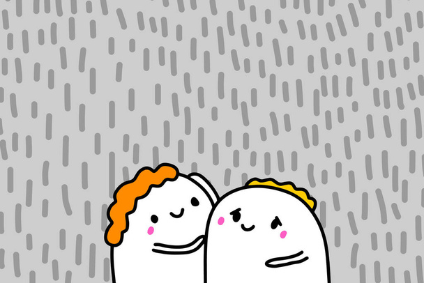 Amor dibujado a mano ilustración vectorial en estilo de dibujos animados con feliz pareja, fondo texturizado, colores vibrantes, tarjeta de San Valentín
 - Vector, Imagen
