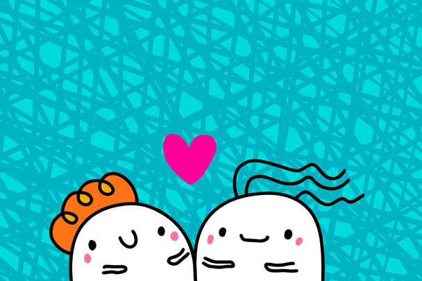 Love you hand getekend vector illustratie in cartoon stijl met gelukkig paar, getextureerde achtergrond, levendige kleuren, Valentijnsdag kaart - Vector, afbeelding