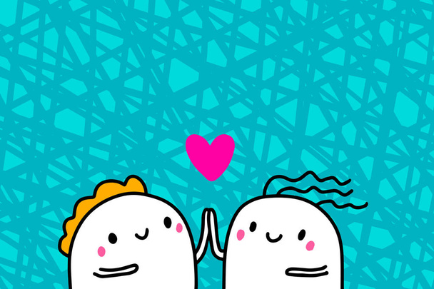 Amor dibujado a mano ilustración vectorial en estilo de dibujos animados con feliz pareja, fondo texturizado, colores vibrantes, tarjeta de San Valentín
 - Vector, imagen
