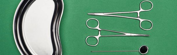panoramic shot of scissors and dental mirror near metallic plate isolated on green  - Fotografie, Obrázek