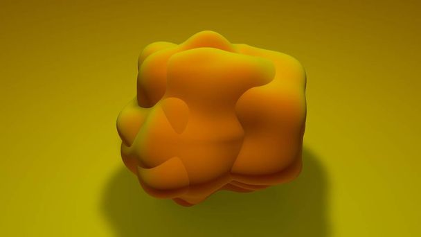3D-Illustration einer zerknitterten gelben Kugel. Das Virus befindet sich auf einer leuchtend gelben Oberfläche. 3D-Darstellung eines abstrakten Organismus von seltener Farbe, futuristischem Hintergrund, Abstraktion. Hintergrundbilder für Ihren Desktop. - Foto, Bild