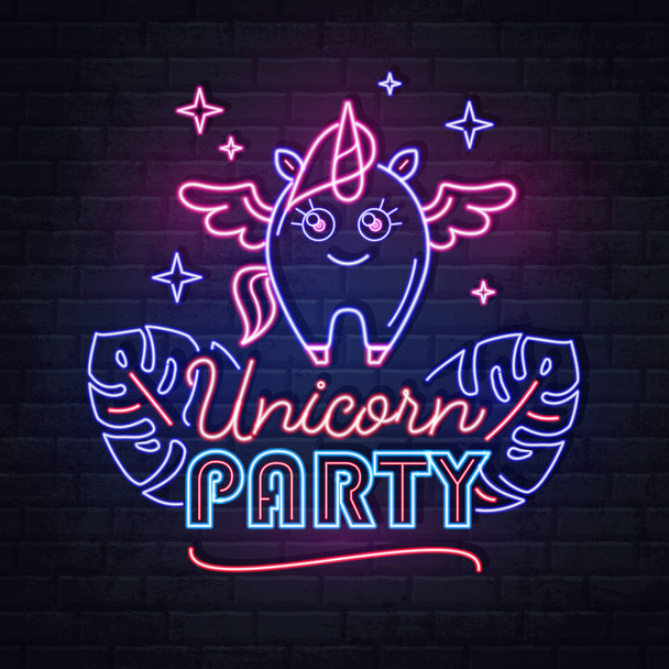 Neon sign unicorn party with unicorn and fluorescent tropic leaves. Vintage electric signboard. - Vektör, Görsel