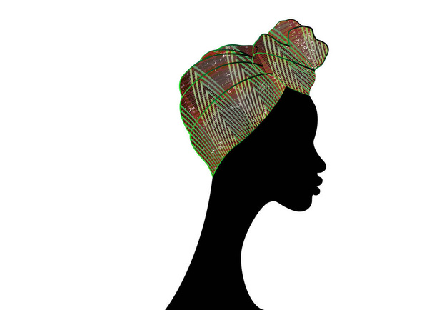 portrait beautiful Afro woman. Shenbolen Ankara Headwrap Women African Traditional Headtie Scarf Turban. Colorful Kente head wraps African fabric design. Vector icon logo isolated white background - Vector, Image
