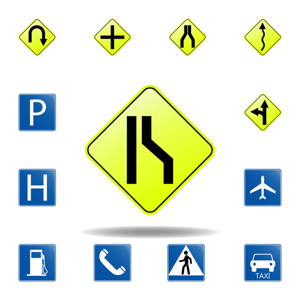 la route se rétrécit sur l'icône droite. ensemble d'icônes de signalisation routière pour concept mobile et applications web. rétrécissement de la route colorée sur l'icône de droite peut être utilisé pour le web et mobile
 - Vecteur, image