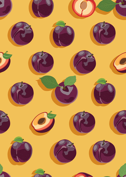 Plum fruits and slice seamless pattern with shadow on yellow background, Fruit vector illustration background. - Вектор,изображение