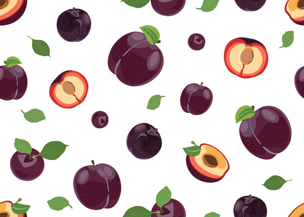 Plum fruits and slice seamless pattern with on white background, Fruit vector illustration background. - Vektori, kuva