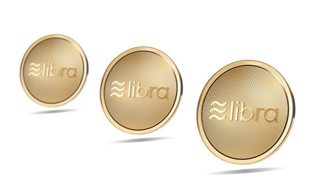Ilustração Conceito de moedas de Libra dourada com logotipo em cima. Novo projeto de pagamento de moeda criptomoeda digital. Moeda de renderização 3D colocada em um fundo branco
. - Foto, Imagem