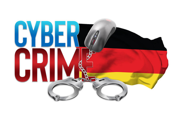 Кіберзлочинність напис з прапором Німеччини-комп'ютерна миша і наручники пов'язані ланцюга-3D ілюстрація - Фото, зображення