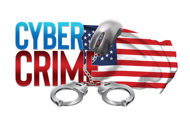 Кіберзлочинність напис з прапором США-комп'ютерна миша і наручники пов'язані ланцюга-3D ілюстрація - Фото, зображення