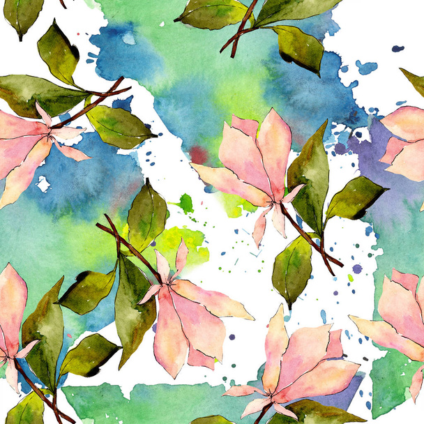 Rosafarbene Magnolie mit botanischen Blüten. Aquarell Hintergrundillustration Set. nahtloses Hintergrundmuster. - Foto, Bild