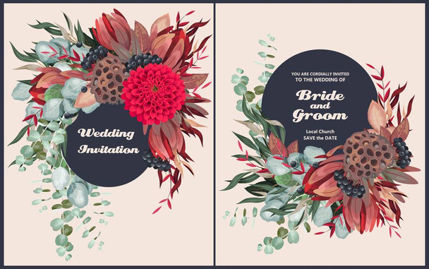 Vintage γαμήλια κάρτα με λουλούδια και πράσινο - Διάνυσμα, εικόνα