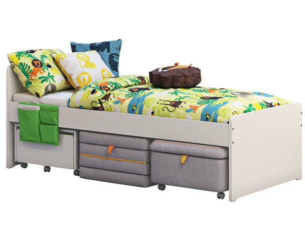 Fehér egyágyas gyermek ágy, tárolás és párnázott széklet. 3D-renderelés - Fotó, kép