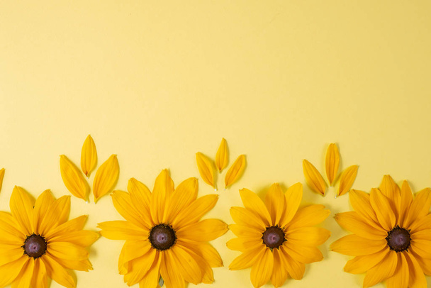 Yellow flowers represented on yellow background. Many flowers for decorating any post card or celebration card. Summer and autumn concept. Flat lay, top view, copy space - 写真・画像