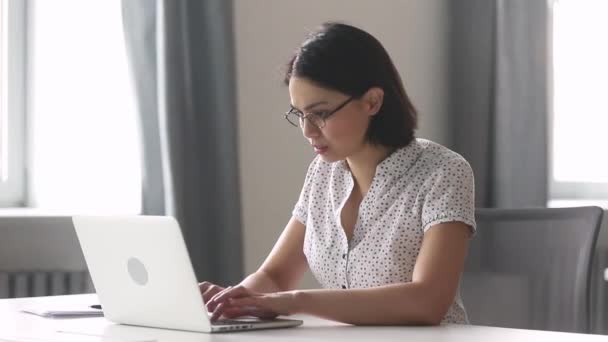 Stressed tired asian businesswoman worker using laptop having computer problem - Felvétel, videó