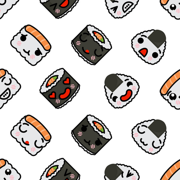Seamless pattern with cute kawaii emoji sushi vector cartoon illustration - Vector, Image