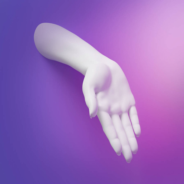 3d render, white female hand isolated on neon ultraviolet background, jewelry shop display, open palm, mannequin body part, show, presentation, minimal fashion background - Fotoğraf, Görsel