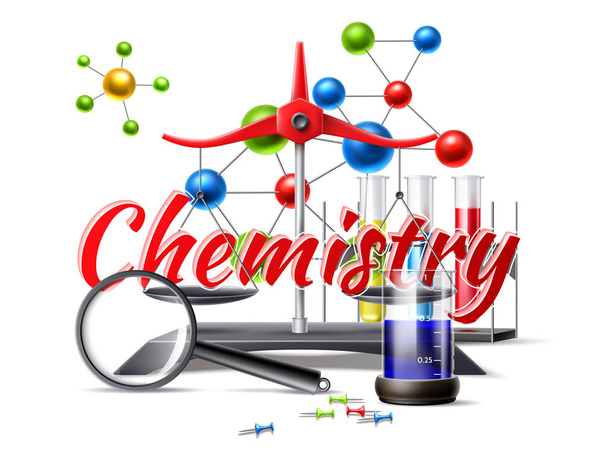 Vector chemistry study at school poster 3d flask - Vector, Image