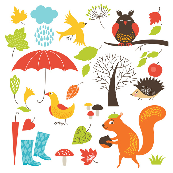 Set of cartoon characters and autumn elements - Vettoriali, immagini